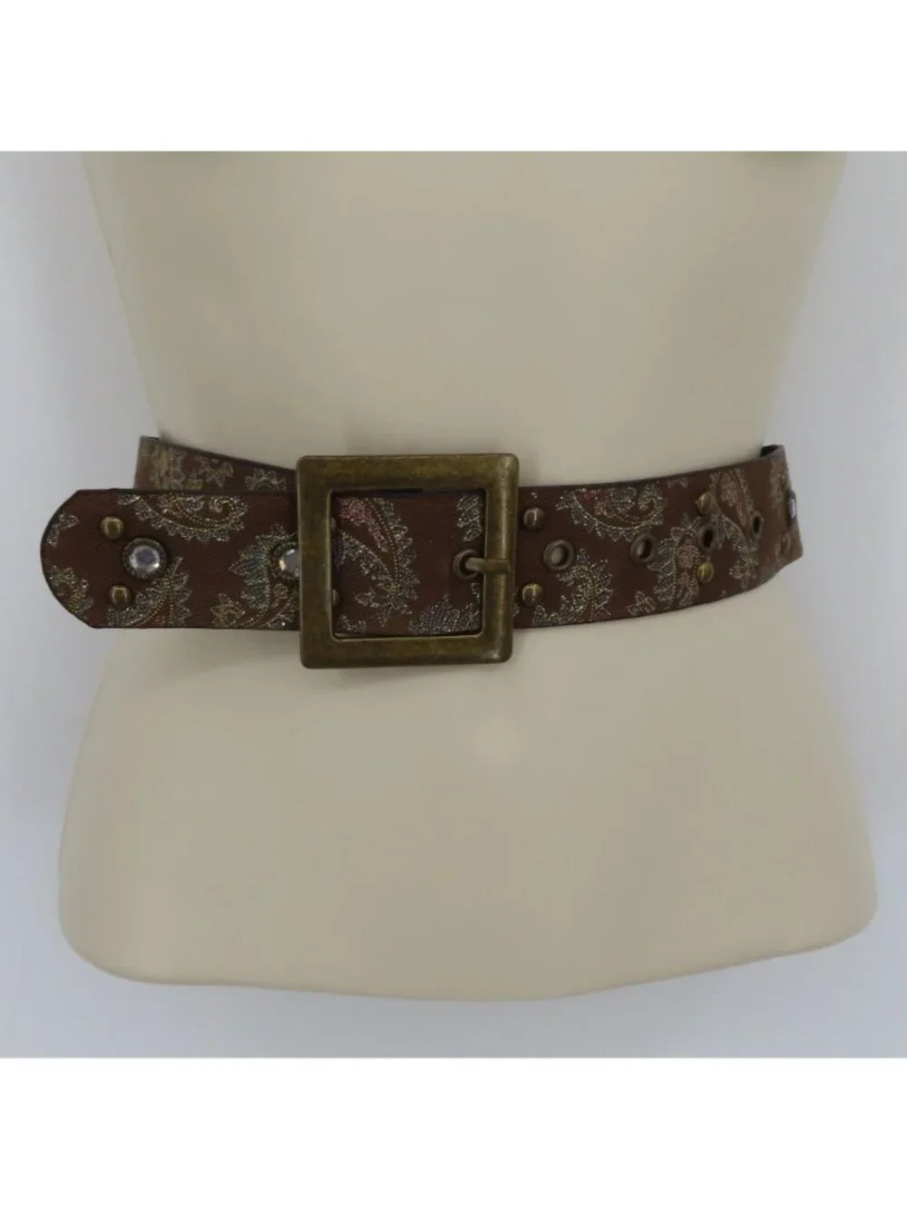 Womens Brown Rhinestone Stud Paisley Metallic Belt Square Buckle 42.75in Long